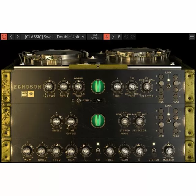 Echoson Swell Double Unit preset showing vintage golden delay interface with dual sections, VU meters and analog controls