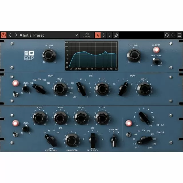 GEM EQP initial preset showing blue equalizer interface with default control settings and frequency response curve