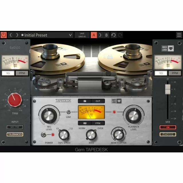 Tapedesk preset showing dual tape reels, VU meters, input/speed/limit controls, and blue output level knobs