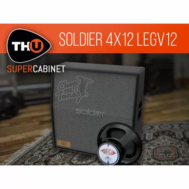 Dark gray Soldier 4x12 cabinet with embossed Chop Tones logo, black headphones, THU SuperCabinet orange branding