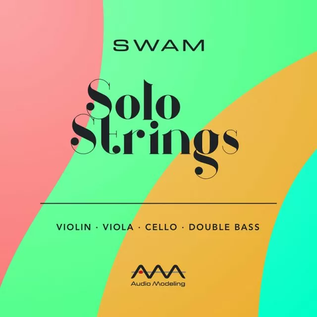 SWAM Solo Strings Bundle promotional logo featuring violin, viola, cello, double bass by Audio Modeling