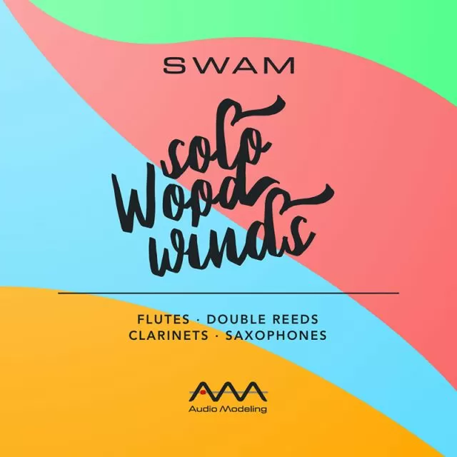 SWAM Solo Woodwinds Bundle promotional logo featuring flutes, double reeds, clarinets, saxophones by Audio Modeling