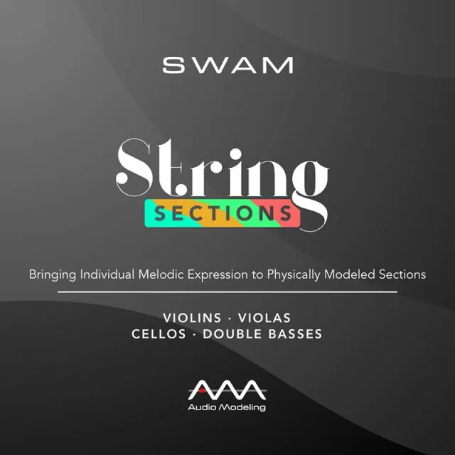 Product logo showing SWAM String Sections virtual orchestral instruments bundle featuring violin, viola, cello and double bass
