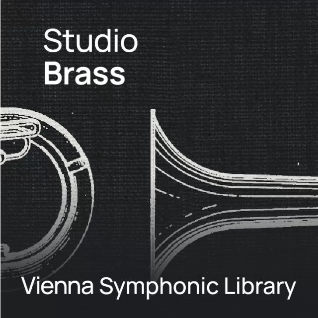 Studio Brass cover with white line drawings of tuba and trombone on dark background by Vienna Symphonic Library