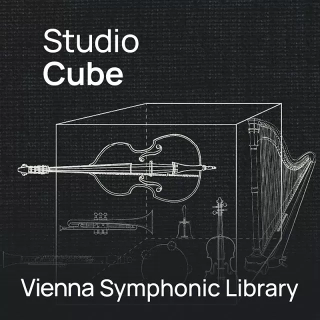 Studio Cube cover with blueprint drawings of orchestral instruments on dark background by Vienna Symphonic Library