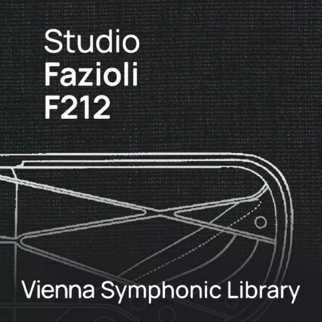 Studio Fazioli F212 cover with minimalist white grand piano line art on black background by Vienna Symphonic Library