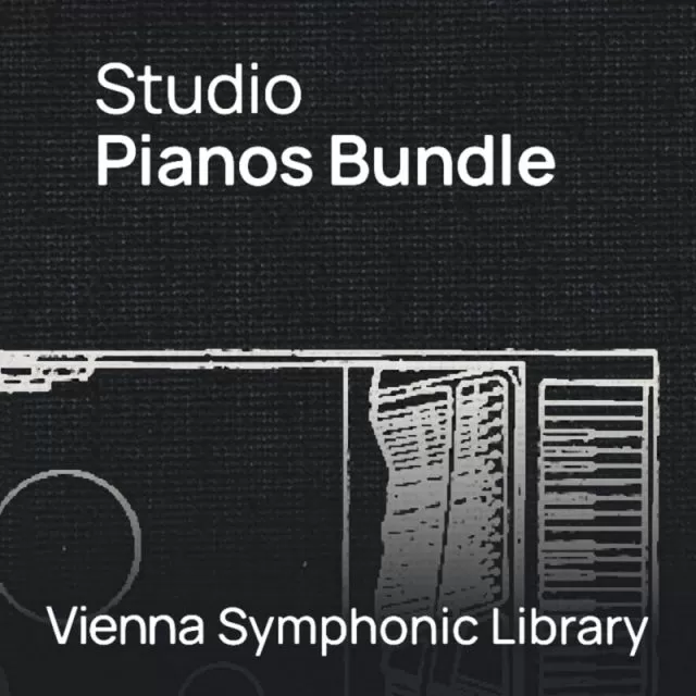 Studio Pianos Bundle cover showing three piano silhouettes - grand, upright, and keyboard by Vienna Symphonic Library