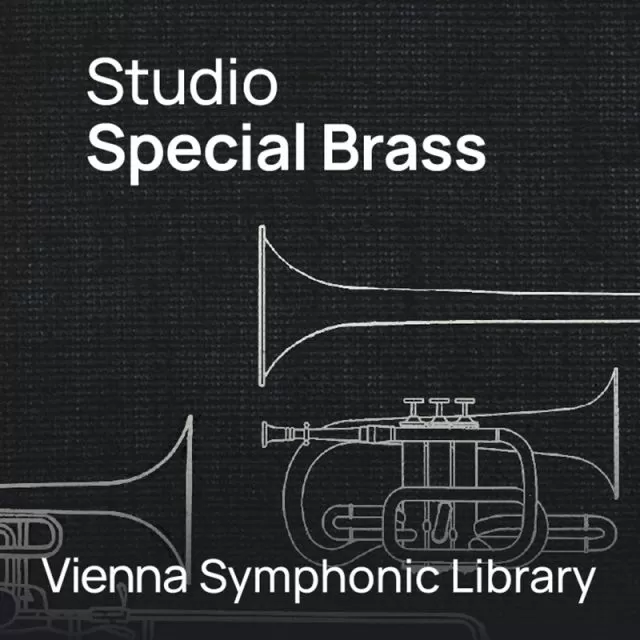 Studio Special Brass cover with white brass instrument drawings on dark background by Vienna Symphonic Library