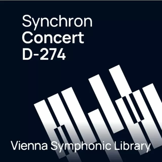 Synchron Concert D-274 product cover w/ piano keys &amp; Vienna Symphonic Library logo