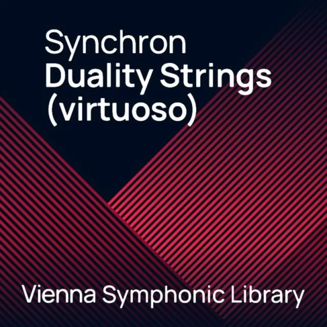 Synchron Duality Strings virtuoso cover with white text and red diagonal stripe pattern on dark background by VSL