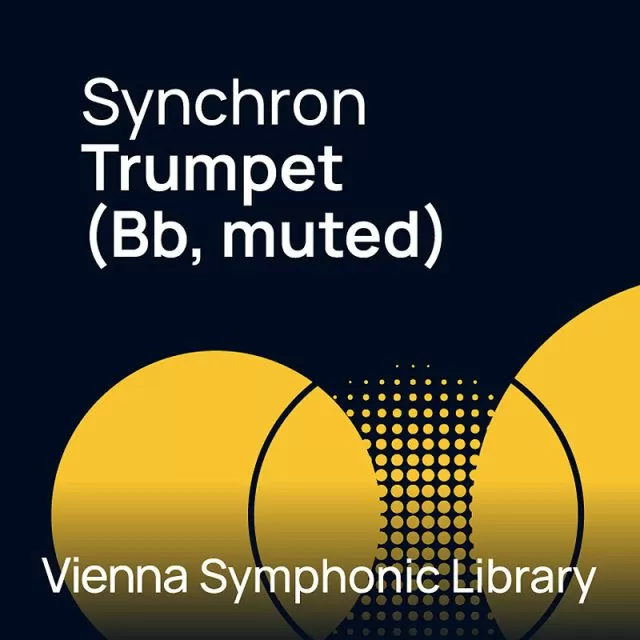 Vienna Symphonic Library Synchron Trumpet (Bb, Muted) with golden trumpet design and dot pattern on dark background