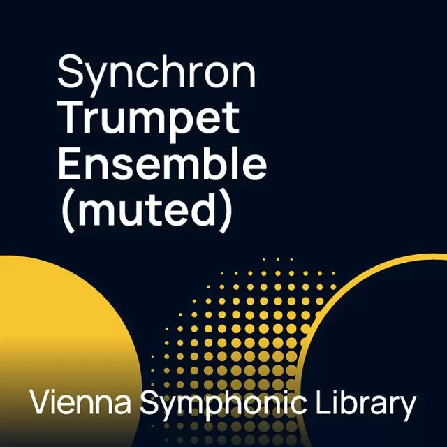 Vienna Symphonic Library Synchron Trumpet Ensemble (Muted) with golden trumpet design and dot pattern on dark background