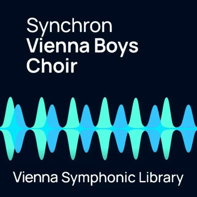 Vienna Boys Choir cover with white text and turquoise waveform patterns on dark background by Vienna Symphonic Library