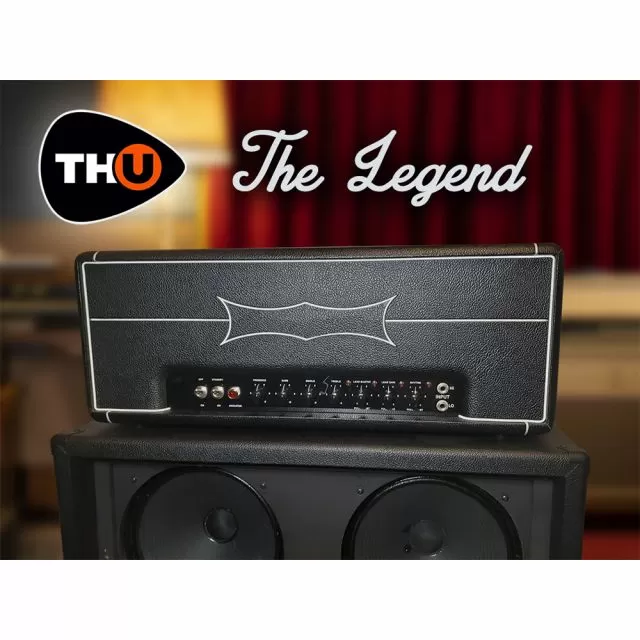 Black guitar amplifier head and speaker cabinet setup with elegant Legend script branding for LRS Rig Library