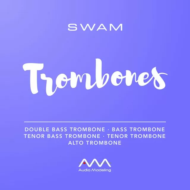 SWAM Trombones promotional logo featuring vibrant purple gradient background with white script lettering displaying trombone instrument types including Double Bass, Bass, Tenor Bass, Tenor, and Alto Trombone