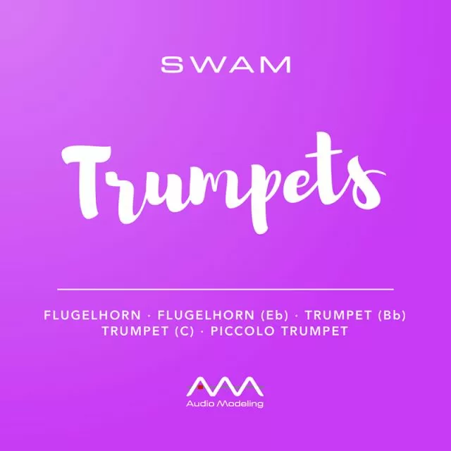 SWAM Trumpets promotional logo featuring vibrant purple background with white script lettering displaying brass instrument types including Flugelhorn, Trumpet variants, and Piccolo Trumpet