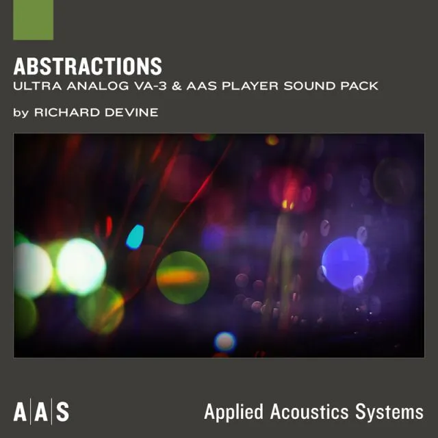 Abstractions sound pack cover with white text on dark gray background and green logo by Richard Devine