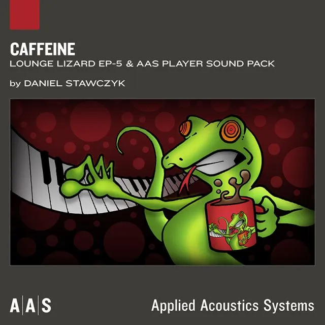 Caffeine artwork featuring cartoon green lizard playing piano and holding coffee cup for Lounge Lizard EP-5 sound pack