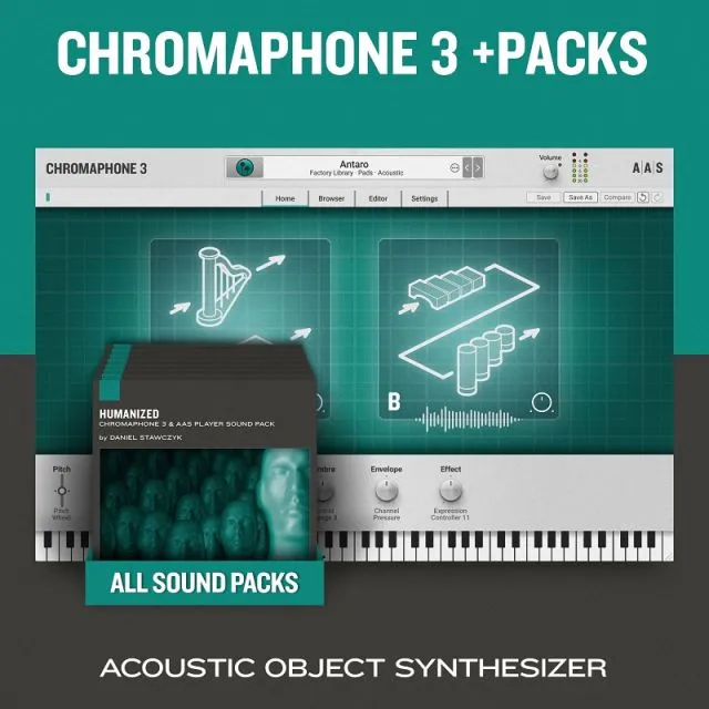Chromaphone 3 + Packs teal product cover showing acoustic object synthesizer interface with keyboard and sound packs