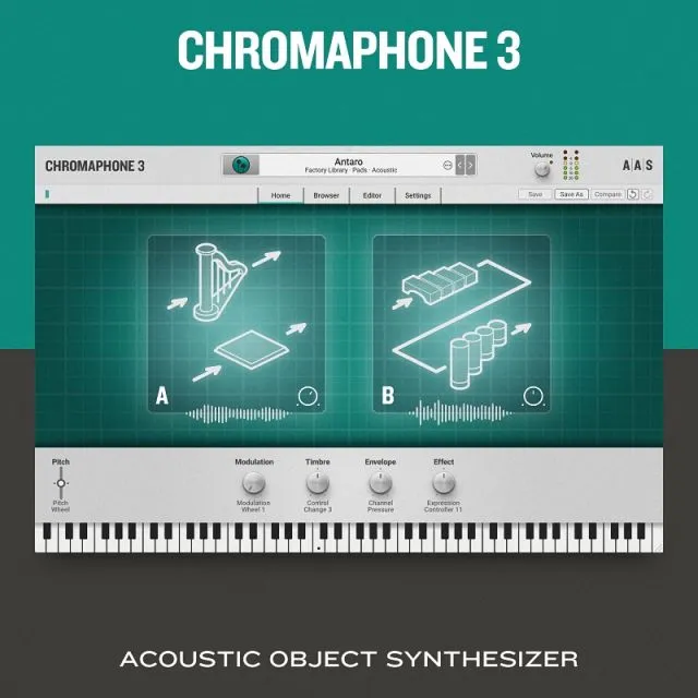 Chromaphone 3 interface showing acoustic object synthesizer with harp and marimba models, piano keyboard, and control knobs