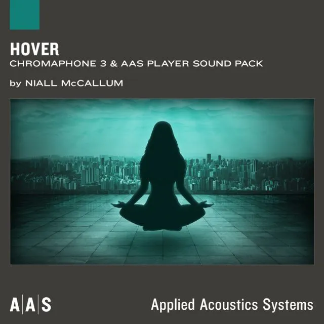 Hover sound pack cover with silhouette meditating above futuristic cyan cityscape by Niall McCallum