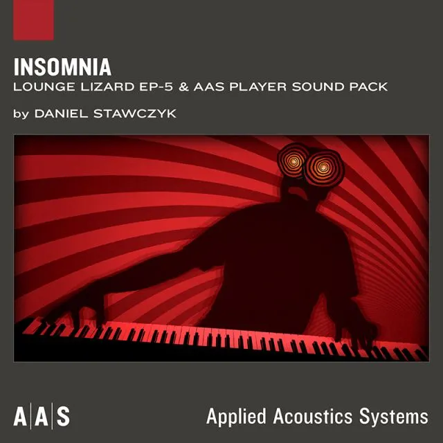 Insomnia artwork featuring dramatic red radial patterns with piano player silhouette and glowing circular elements