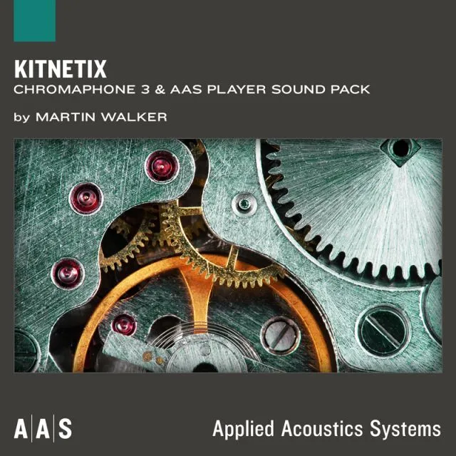 KitNetix sound pack cover with intricate golden and silver mechanical gears on teal background by Martin Walker
