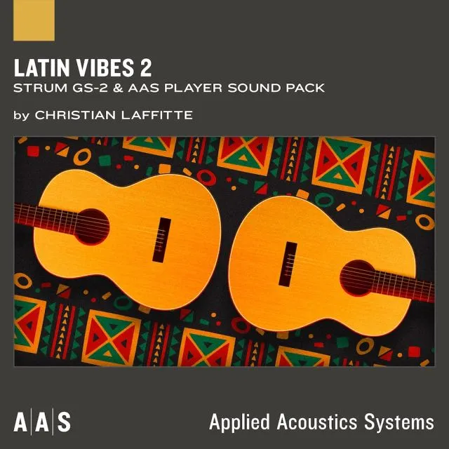 Latin Vibes 2 sound pack cover with two acoustic guitars and colorful Latin patterns by Christian Laffitte