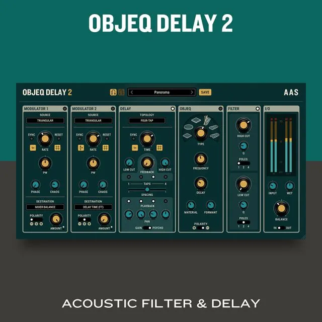 Objeq Delay 2 physical modeling delay plugin interface with acoustic filter and delay engine, featuring modulation controls, psychoacoustic panning, and multi-tap delay processing
