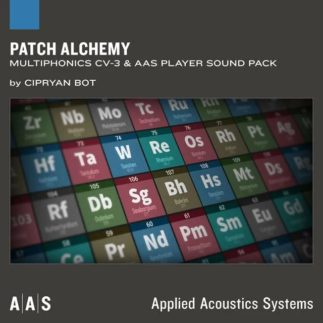 Patch Alchemy sound pack cover featuring periodic table design with chemical elements and AAS logo for Multiphonics CV-3