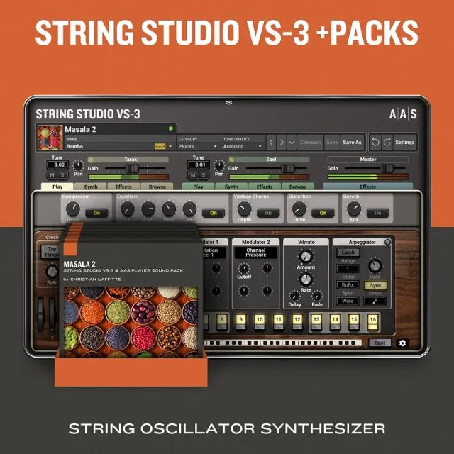 String Studio VS-3 synthesizer interface with Masala 2 preset showing oscillators, filters and Indian spice selection panel