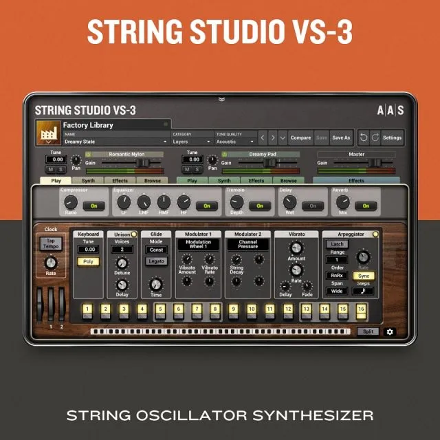 String Studio VS-3 physical modeling string synthesizer interface showing factory library and synthesis controls