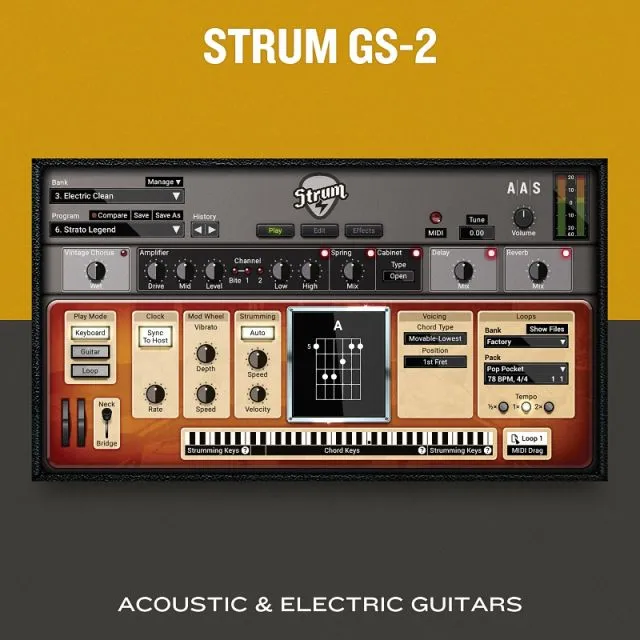 Strum GS-2 acoustic guitar synthesizer interface with strumming patterns, chord controls and sound library browser