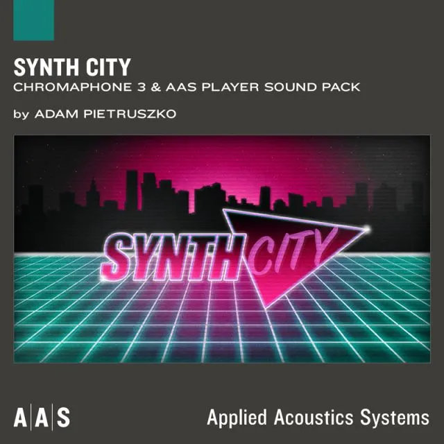 Synth City sound pack cover with retro synthwave neon grid and cityscape in pink and cyan by Adam Pietruszko