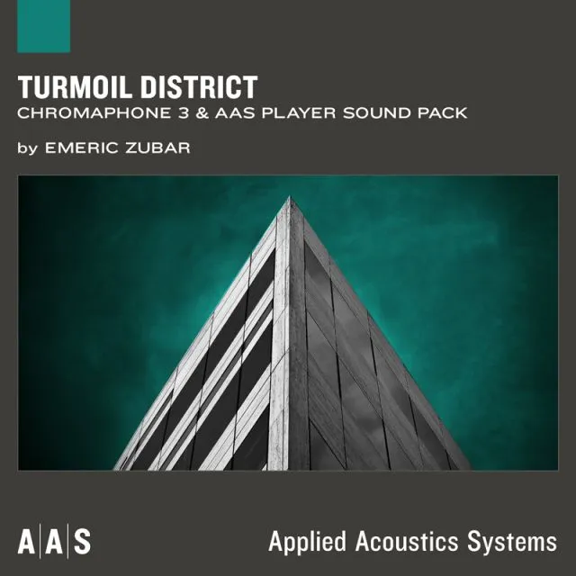 Turmoil District sound pack cover with futuristic building from below on teal atmospheric background by Emeric Zubar