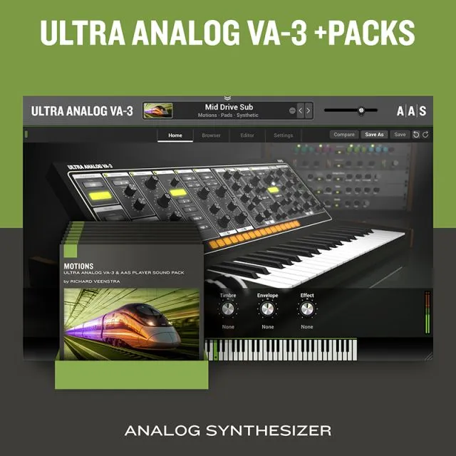Ultra Analog VA-3 virtual analog synthesizer interface with keyboard, sound packs, and analog synthesis controls