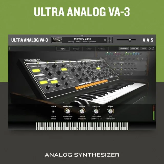 Ultra Analog VA-3 analog synthesizer interface with keyboard, control knobs, and modular control panels