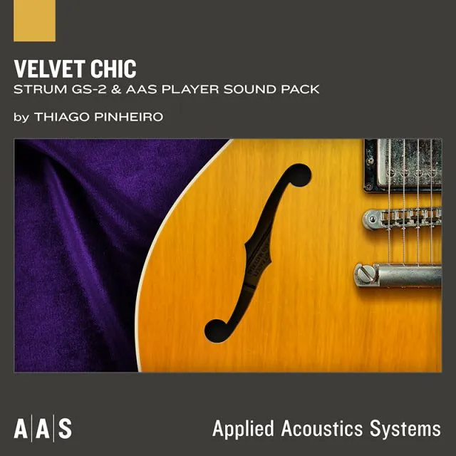 Velvet Chic sound pack cover featuring acoustic guitar with purple velvet background and golden wood finish by Thiago Pinheiro