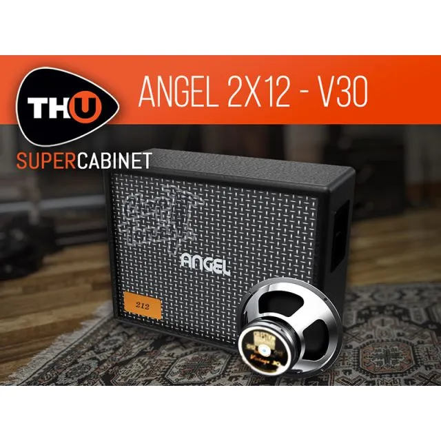 Black Angel 2x12 cabinet with embossed Chop Tones logo, Angel text, 2x12 badge, silver speaker, THU SuperCabinet