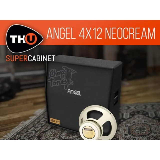 Black Angel 4x12 cabinet with embossed Chop Tones logo, Angel text, 4x12 badge, cream speaker, THU SuperCabinet