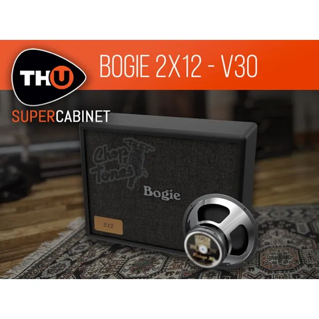 Black Bogie 2x12 cabinet with embossed Chop Tones logo, Bogie script, 2/12 badge, chrome speaker, THU SuperCabinet