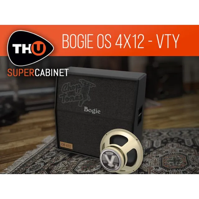 Black Bogie 4x12 cabinet with embossed Chop Tones logo, Bogie script text, tan speaker, THU SuperCabinet branding