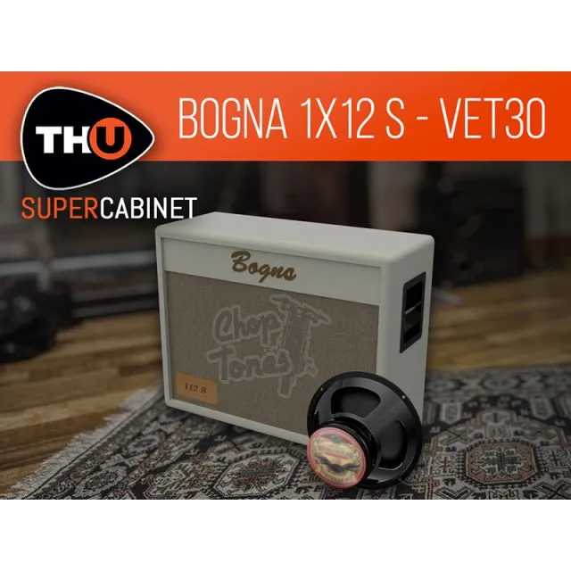 Cream Bogna 1x12 cabinet with gold script logo, tan grille, Chop Tones embossing, black speaker, THU SuperCabinet branding
