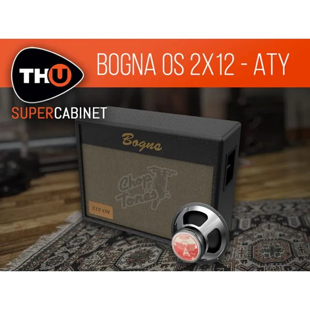 Black Bogna 2x12 cabinet with gold script logo, tan grille, Chop Tones embossing, silver speaker, THU SuperCabinet branding