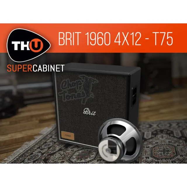 Black Brit 4x12 cabinet with embossed Chop Tones logo, Brit script badge, silver speaker, THU SuperCabinet branding
