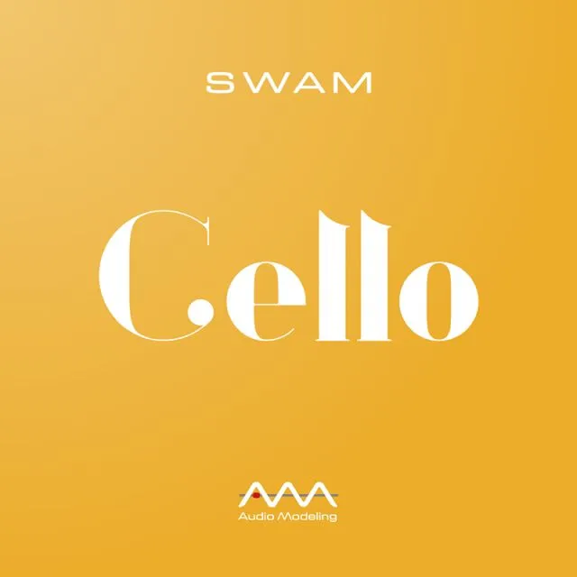 SWAM Cello promotional graphic with green background and Audio Modeling branding logo
