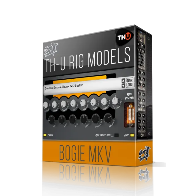 Choptones Bogie MKV Mesa Boogie Mark V style amplifier plugin interface with orange control knobs in TH-U software packaging