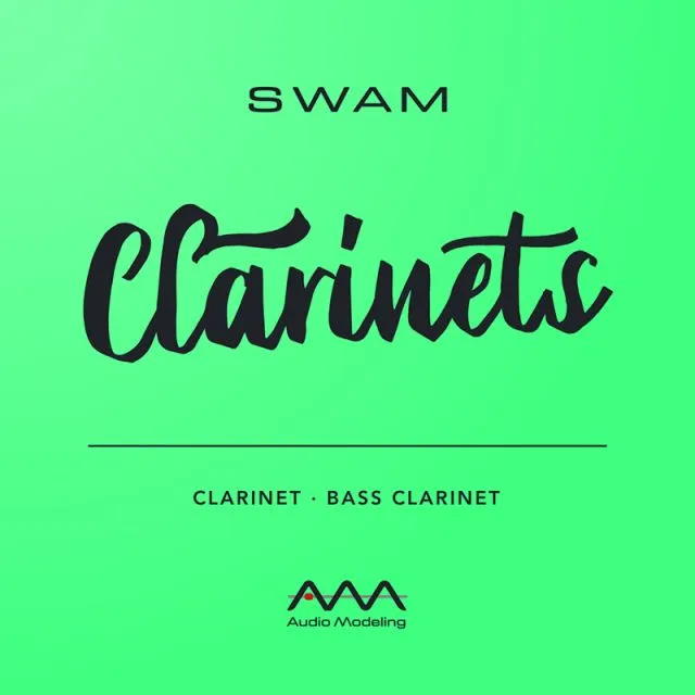 SWAM Clarinets promotional logo featuring bright green background with stylized script lettering and Audio Modeling branding for clarinet and bass clarinet instruments