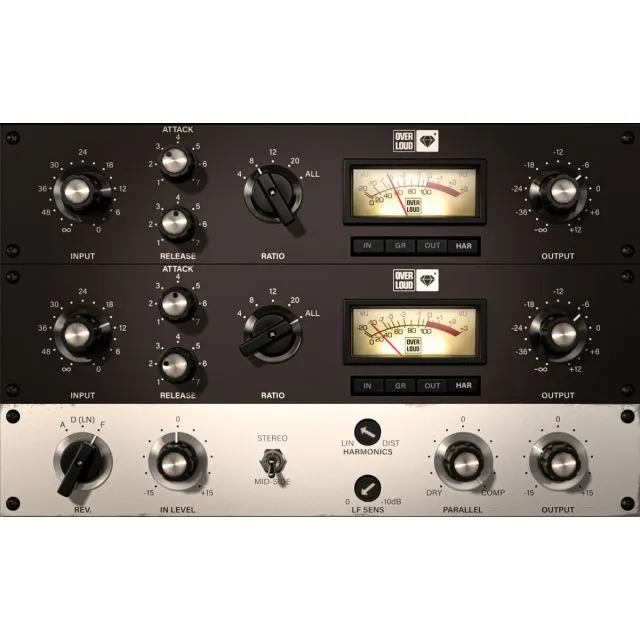 Comp 76 Mid-Side with dual VU meters, mid/side channel processing, attack/release controls, and parallel mix section