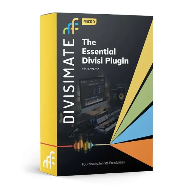 Divisimate Micro Essential Divisi Plugin cover with yellow blue geometric design and studio workspace image VST3 AU AAX